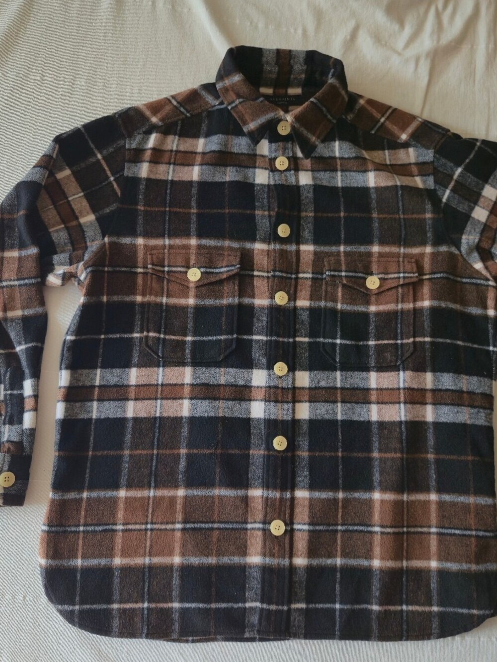 AllSaints Medium Heavy Weight Thick Brown and Black Plaid Button-Up Shirt